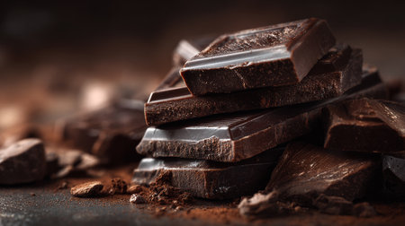 Delicious dark chocolate chunks piled enticingly high, ready for indulgent enjoymentの素材