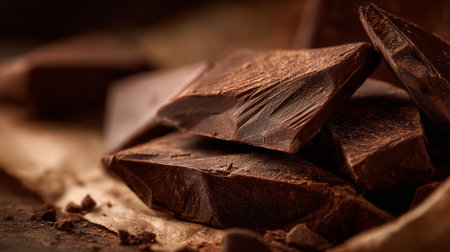 Delicious dark chocolate chunks with cocoa powder, a tempting, rich dessertの素材