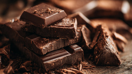 Decadent Stack of Dark Chocolate Chunks and Shavings Ready to Delightの素材