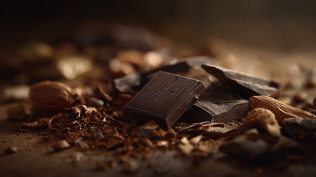 Decadent Dark Chocolate Pieces with Cocoa Powder and Almonds Still Lifeの素材