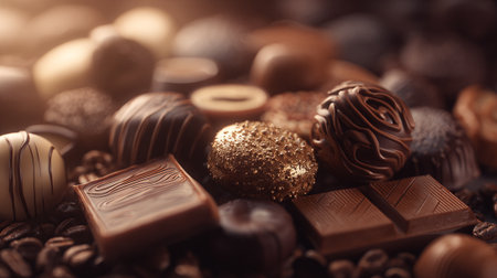 An Exquisite Array of Artisan Chocolates and Roasted Coffee Beans on Displayの素材