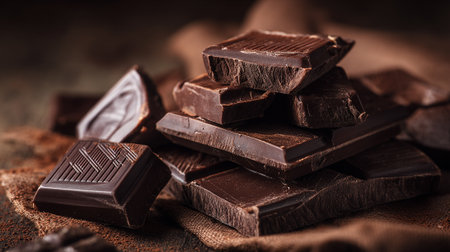 Delicious dark chocolate squares stacked on a rustic brown burlap background.の素材