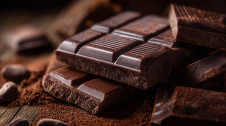 Dark chocolate indulgence: Stacked bars and cocoa powder on rustic wood background.の素材