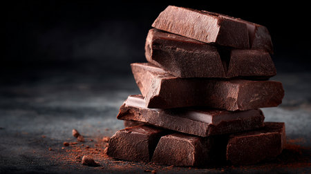 Delicious dark chocolate chunks stacked high on a textured dark backgroundの素材