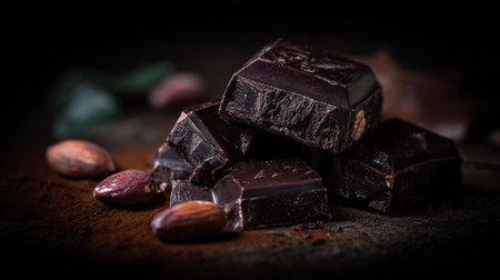 Decadent dark chocolate squares stacked near cocoa beans on a rustic surfaceの素材