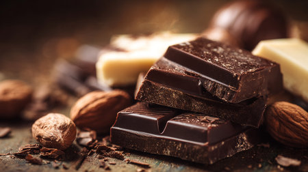 Delectable chocolate pieces stacked with nuts, showcasing dark and white varieties for indulgenceの素材