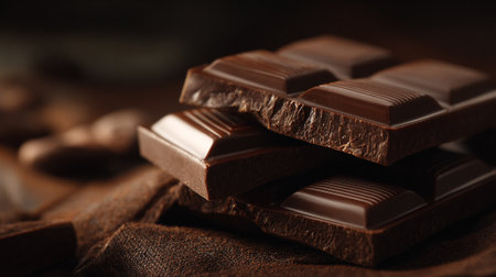 Decadent Dark Chocolate Blocks Stacked on Brown Fabric for Sweet Dessertの素材