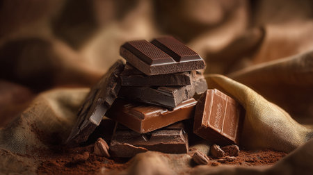 Delectable Chocolate Pieces Stacked Upon Soft Golden Fabric, A Luxurious Treatの素材