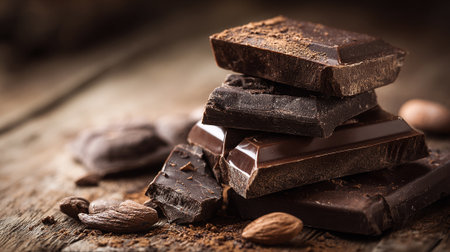 Rich dark chocolate pieces stacked atop rustic wooden surface with almonds.の素材