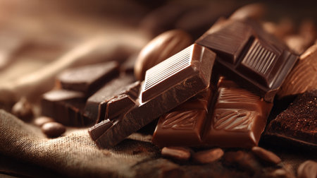 Decadent dark chocolate chunks elegantly arranged on rustic burlap material, capturing smooth texturesの素材