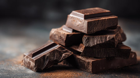 Decadent dark chocolate chunks elegantly stacked on a textured surface, inviting indulgence.の素材