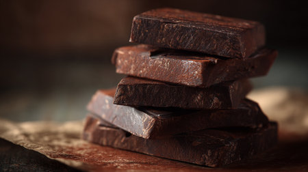 Indulgent stacked dark chocolate squares on parchment for a sweet treatの素材