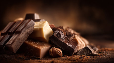 Sumptuous assortment of artisan chocolate pieces, a tempting display of confectionary delightsの素材