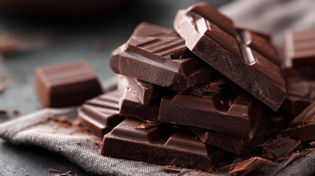Delicious dark chocolate pieces stacked on gray linen create tempting indulgence.の素材
