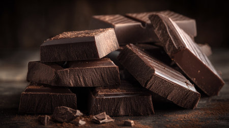 Delicious dark chocolate squares stacked against a dark backdrop showing tasty treat.の素材