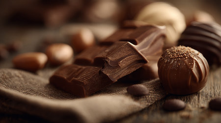 Delectable assortment of premium chocolate pieces on a rustic wooden table.の素材