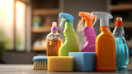 Colorful array of cleaning supplies ready for home use and chores.の素材