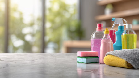 Colorful cleaning supplies arranged on marble surface with blurred background, domestic cleanliness.の素材