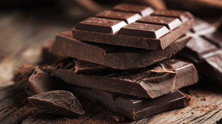 Delicious dark chocolate pieces piled on a rustic wooden surfaceの素材