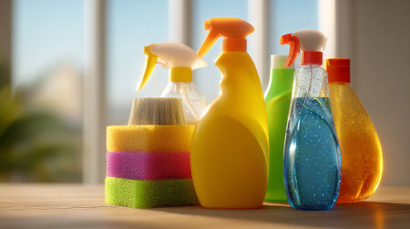 Household cleaning supplies arranged on a surface for an advertisement template.の素材