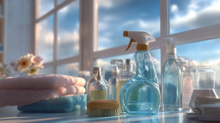 Cleaning Products and Accessories Set Against a Bright Window Backgroundの素材