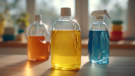 Colored Cleaning Solutions: A trio of bottles in orange, yellow, and blueの素材