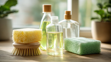 Eco-Friendly Cleaning Products Still Life Featuring Sponges and Bottlesの素材