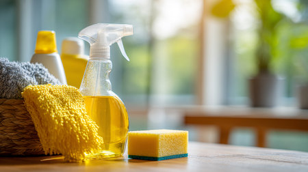 Cleaning supplies arranged on a wooden table near window in sunny roomの素材