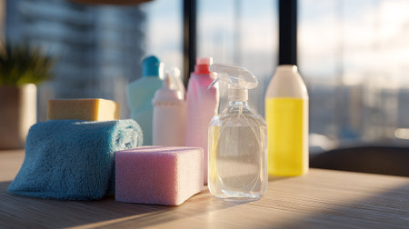 Home cleaning supplies arrangement in a bright interior, modern cleaning toolsの素材