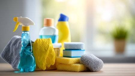Cleaning Supplies Arrangement Ready for Household Tasks and Indoor Home Hygieneの素材