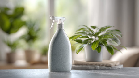 Stylish spray bottle against blurred home interior background, showcasing minimalist designの素材