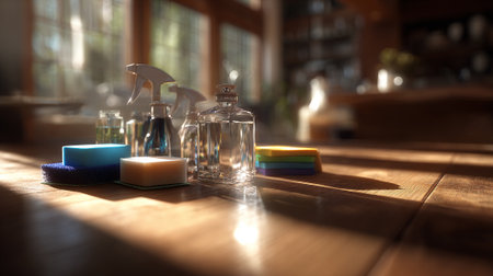Household cleaning supplies arranged beautifully on a wooden surface bathed in sunlightの素材