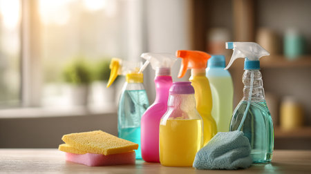 Colorful cleaning supplies on wooden table ready for home cleanup taskの素材