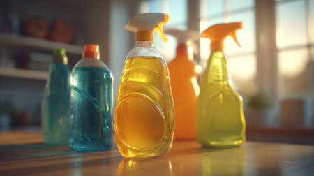 Colorful array of cleaning supplies on a wooden surface, bathed in sunlightの素材