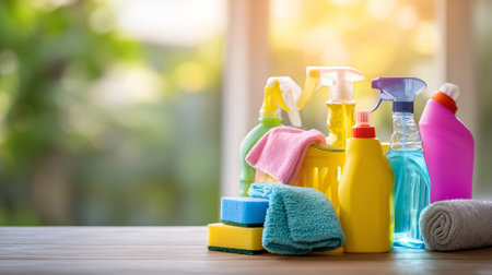 Cleaning Supplies Arrangement for Home on Wooden Surface With Blurred Backgroundの素材
