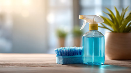 Refreshing Cleaning Still Life Featuring Bright Blue Solution and Brush on Woodの素材