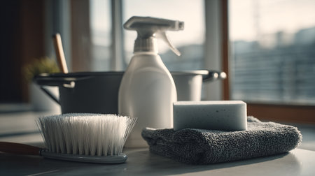 Tidy Haven: An Arrangement of Cleaning Implements Ready for Household Choresの素材