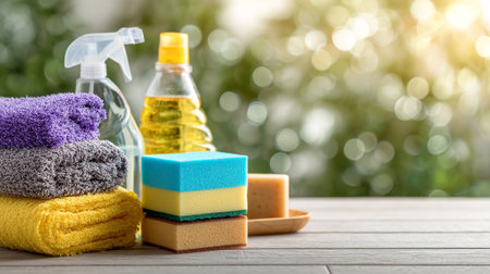 Cleaning Supplies Arrangement on Wooden Surface with a Defocused Backgroundの素材