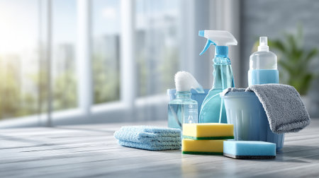 Cleaning Supplies Still Life: Organized Arrangement for Home Maintenance and Sanitizationの素材