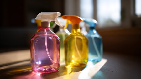 Colorful spray bottles with cleaning product on wooden surface bathed in sunlightの素材