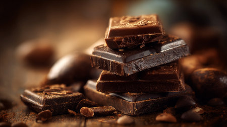 Decadent Dark Chocolate Chunks Stacked High, Creating a Tempting Food Displayの素材