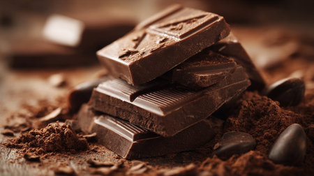 Decadent Dark Chocolate Stacked Upon Cocoa Powder; A Sweet Temptationの素材