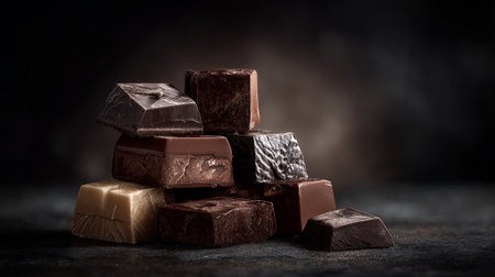 Decadent Chocolate Tower: A Tempting Stack of Dark, Milk, and White Chocolate Piecesの素材