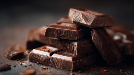 Decadent dark chocolate squares stacked high for a sweet dessert treat.の素材
