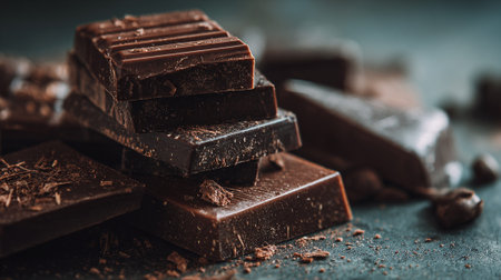 Delicious dark stacked chocolate chunks on a dark surface with shavings.の素材