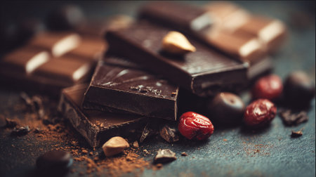 Tempting Stack of Artisan Chocolates with Dried Cherries and Hazelnutsの素材