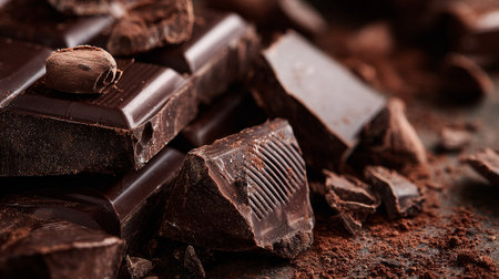 Decadent dark chocolate chunks and shavings create a rich textured dessert background.の素材