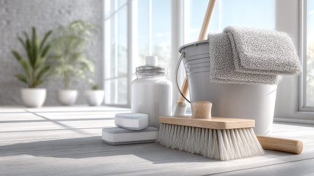 Spring cleaning supplies featuring bucket, brush, sponge, bottle and towels on wooden floor.の素材