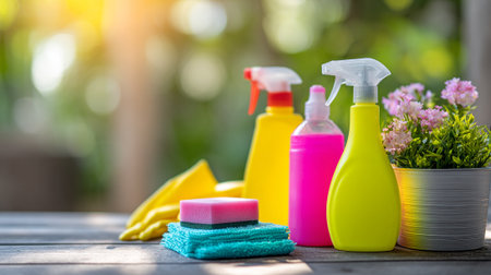 Bright cleaning supplies and artificial plant on wooden table in sunny setting.の素材