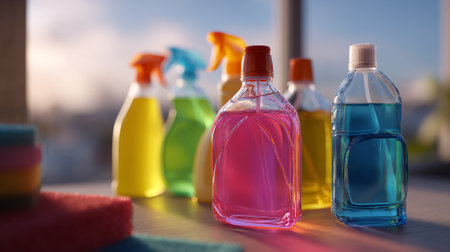 Colorful assortment of cleaning supplies and equipment for domestic cleaning tasksの素材